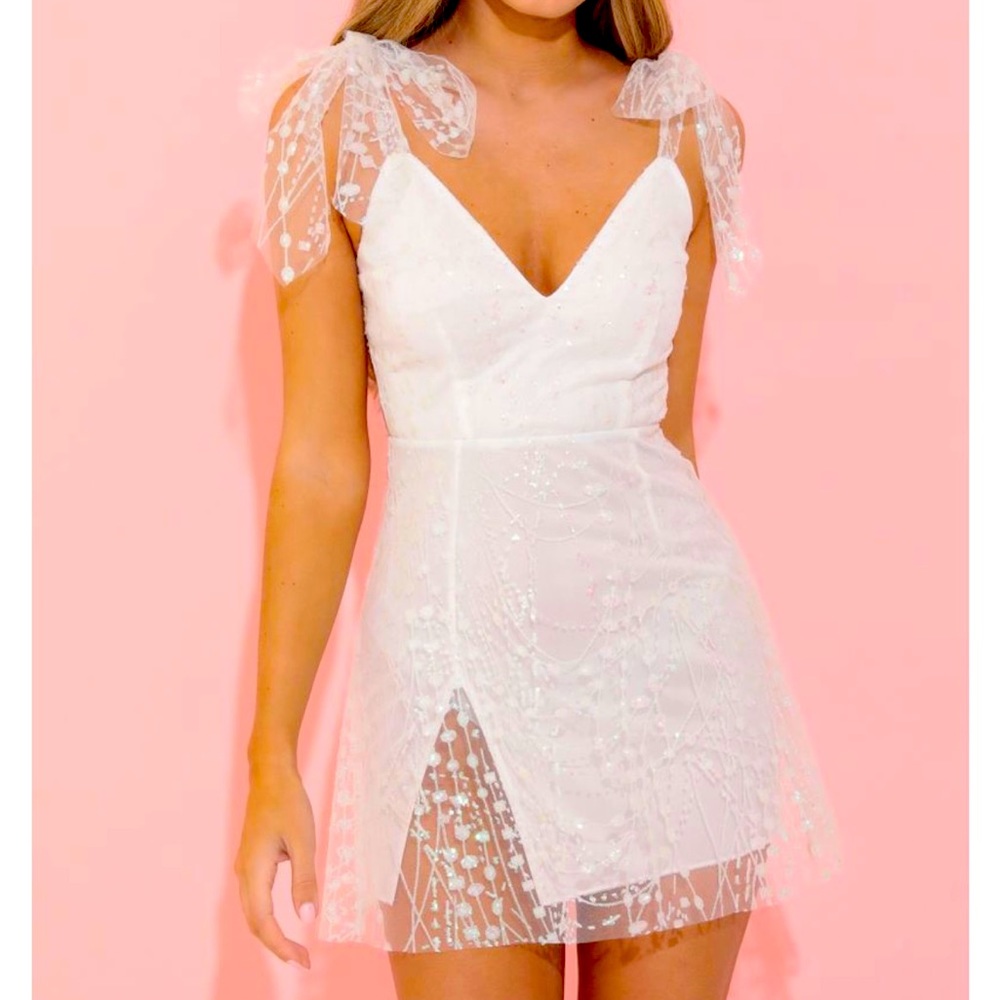 Tia A-line in white sequin dress by Lucy in the Sky